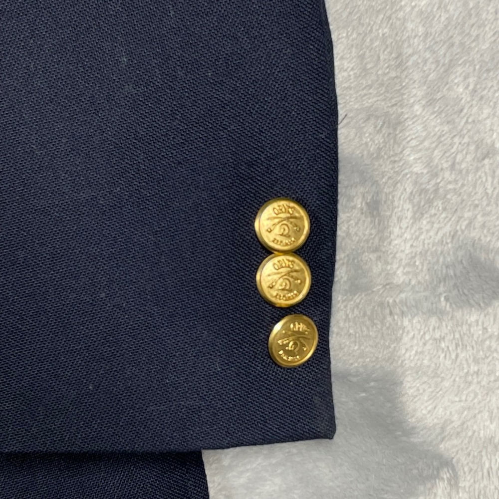 Orvis Mens 44R Navy Blue Wool Blend 3-Button Blazer Gold Buttons USA Vintage